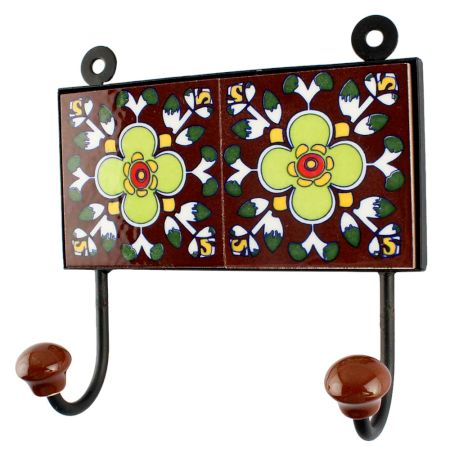 Dark Brown Ceramic Floral Tile Wall Hook